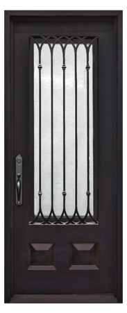 36 in x 96 in, 3/4 View, Wrought Iron, Iglesia Single, Flemish + Low E, Square Top, Aged Bronze Patina, Inswing, Exterior Prehung Door, Left Hand, Aged Bronze Patina Hinges