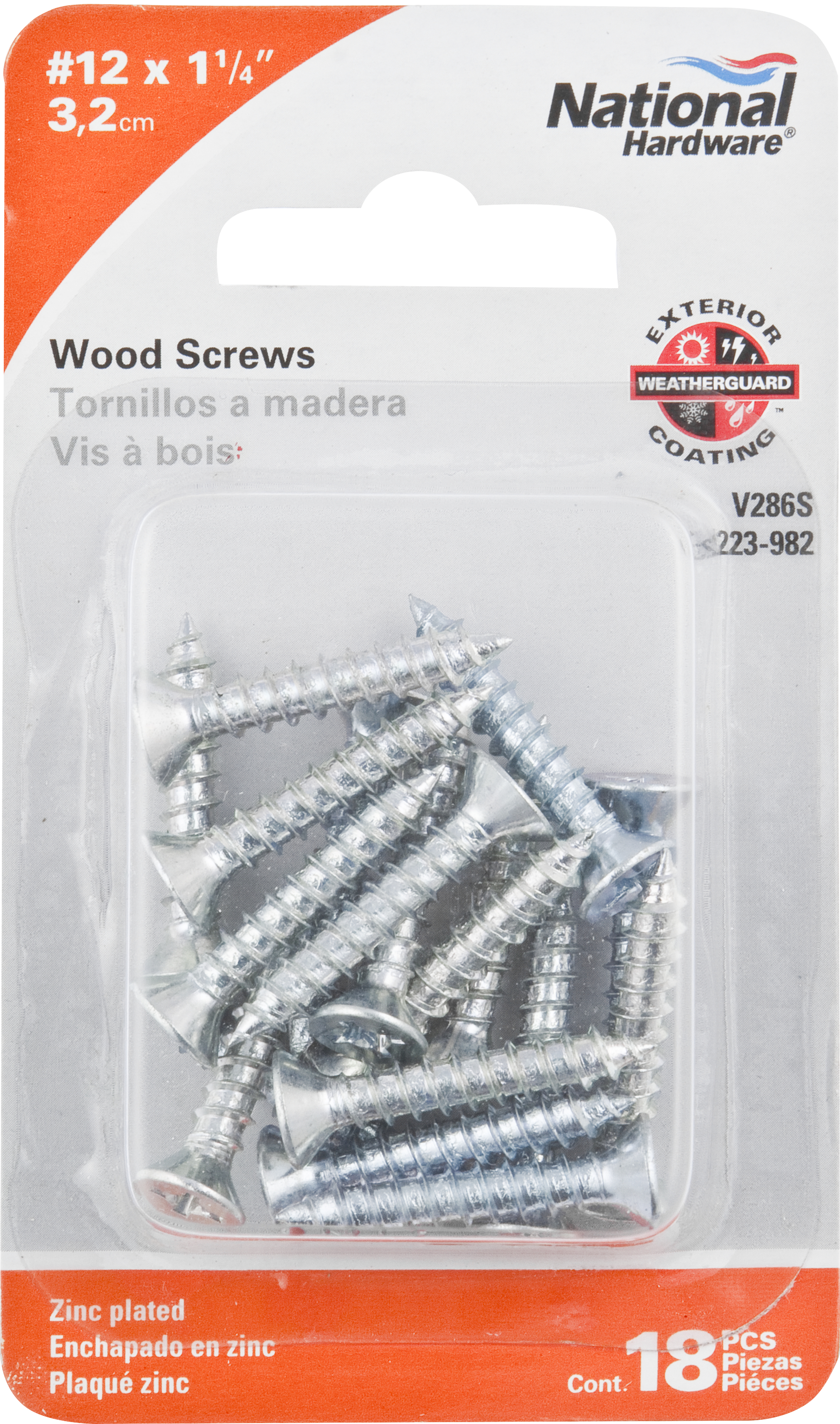 N223-982 Screw, #12 Thread, 1-1/4 in L, Flat Head, Phillips Drive, Steel, Zinc, 18 Pack