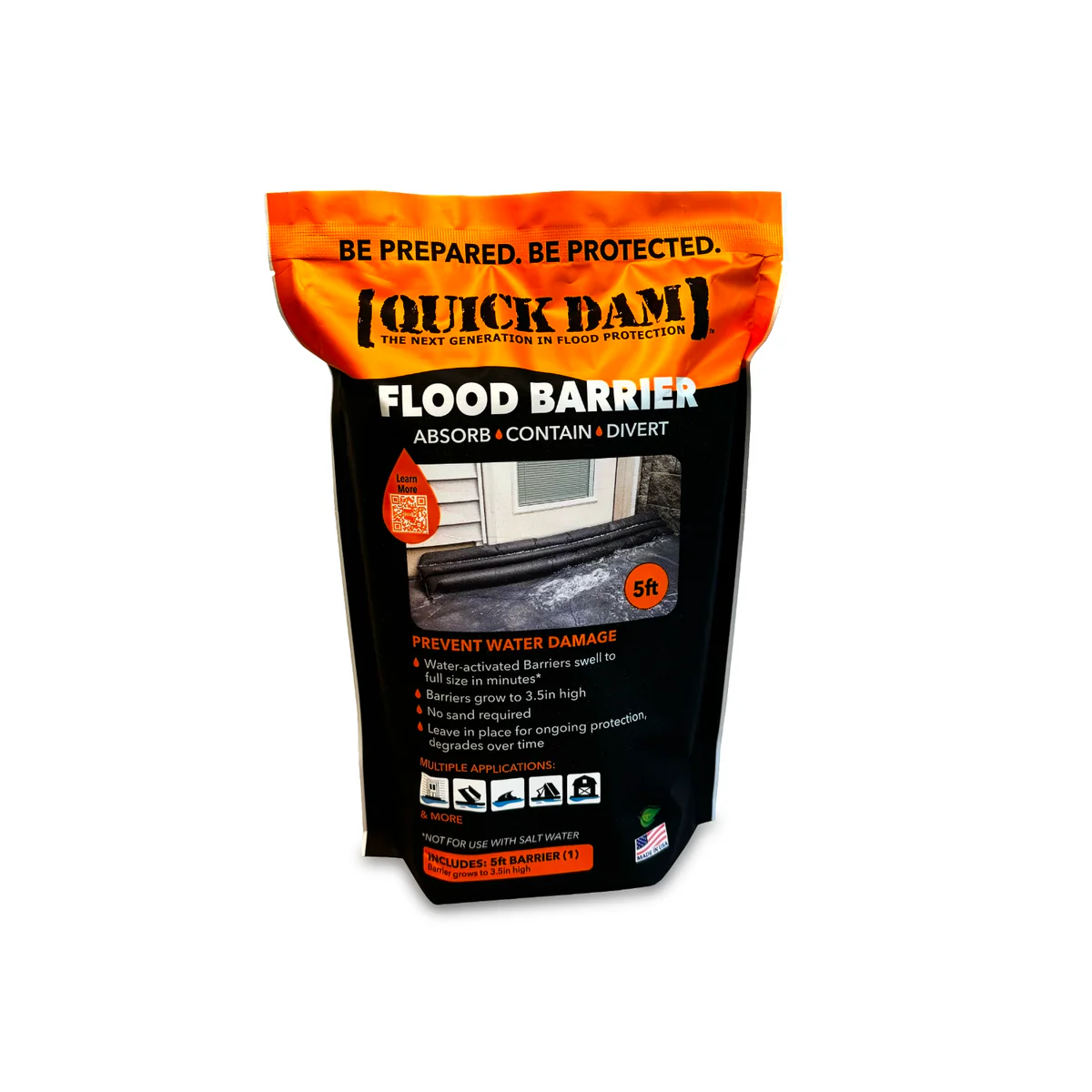 QD65-1 Flood Barrier, 4 gal, 5 ft L x 6.5 in W x 3.5 in H Dimensions, Black, 1/PK