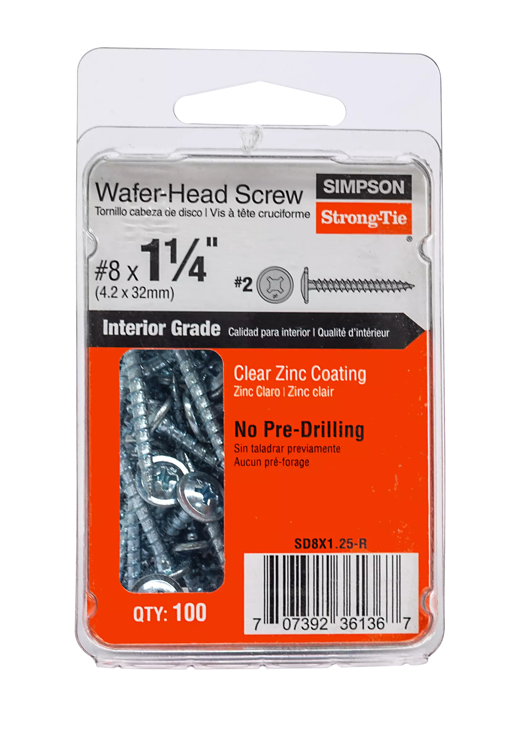 Strong-Drive SD SD8X1.25-R Screw, #8 Thread, 1-1/4 in L, Serrated Thread, Wafer Head, Steel, 100 PK