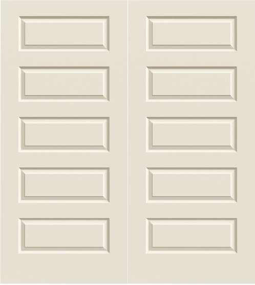 30 in x 80 in, Rockport, 5 Panel, Smooth, Primed, Hollow Core, Interior Double Prehung Door, Satin Nickle Hinges