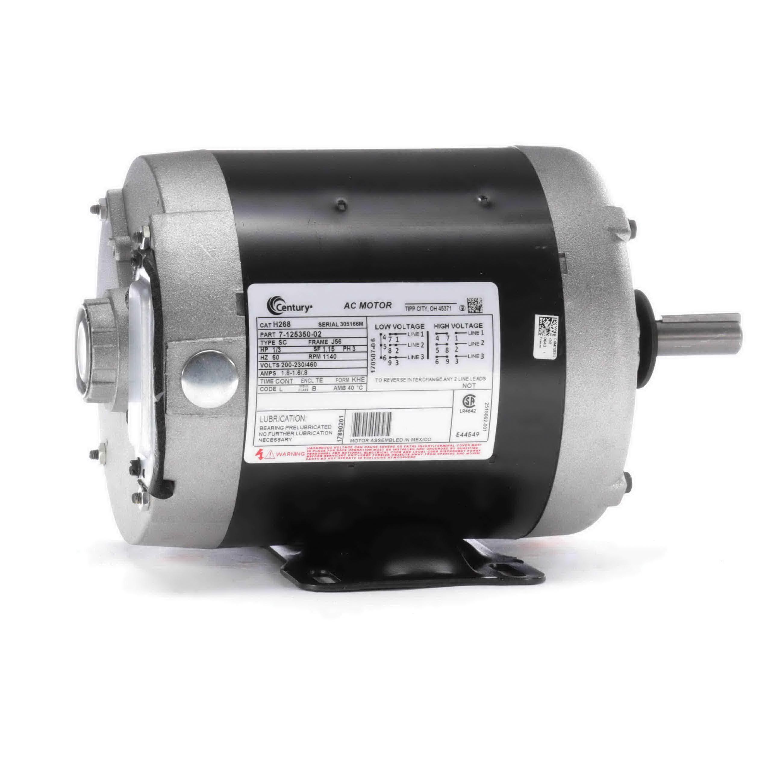 Century® J56 H268 Motor, 200 to 230/460 V, 0.8/1.6 to 1.8 A, 1/3 hp, 1200 rpm Speed, 0.25 kW, 3 ph, 60 Hz