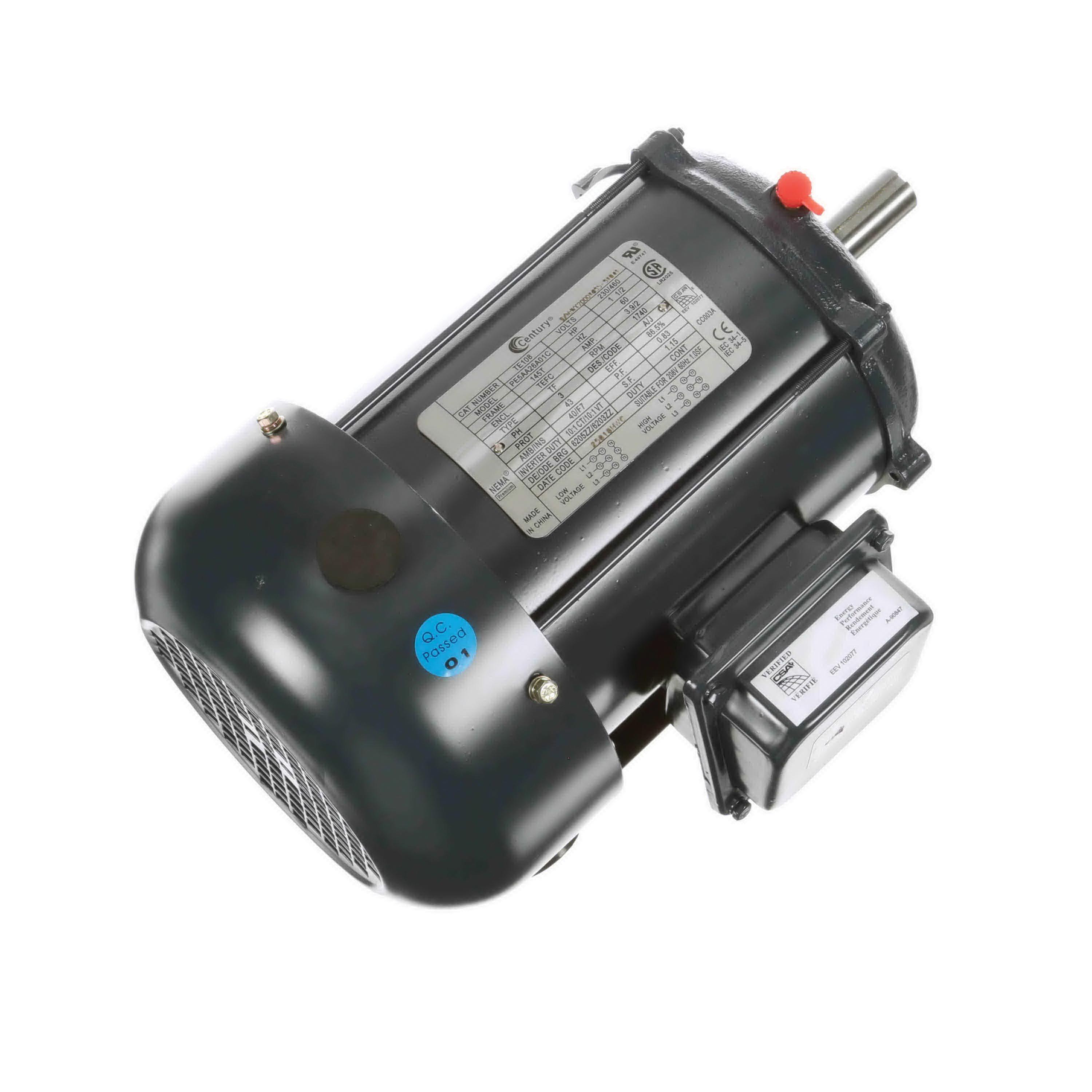 Century&reg; 145T TE108 Motor, 208 to 230/460 V, 1.95 A, 1.5 hp, 1800 rpm Speed, 1.1 kW, 3 ph, 60 Hz, 6-3/4 in Frame