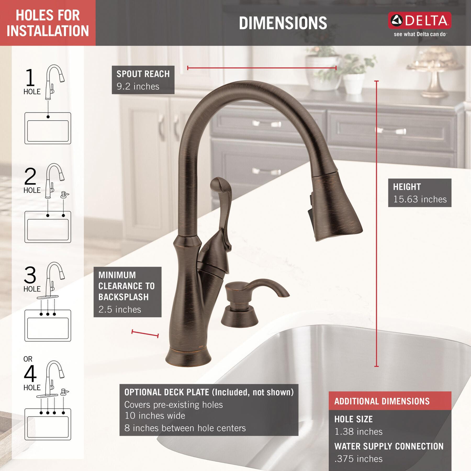 DELTA® Arabella™ 19950Z-RBSD-DST Kitchen Faucet With Soap Dispenser and ShieldSpray® Technology, Deck, Venetian Bronze