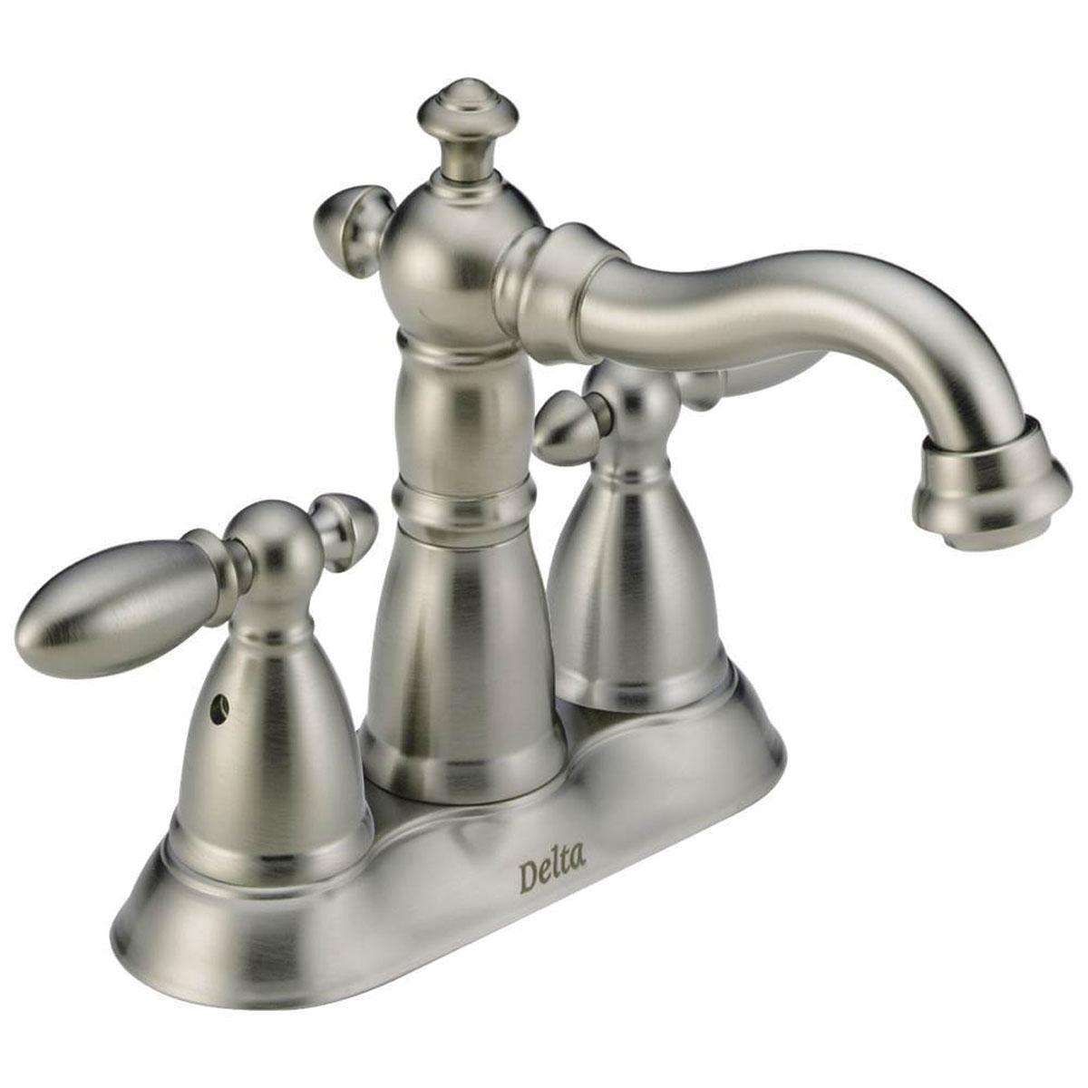 DELTA® Victorian® 2555-SSMPU-DST Bathroom Faucet, 2-Handle, Deck, Centerset, Pop-Up, Stainless