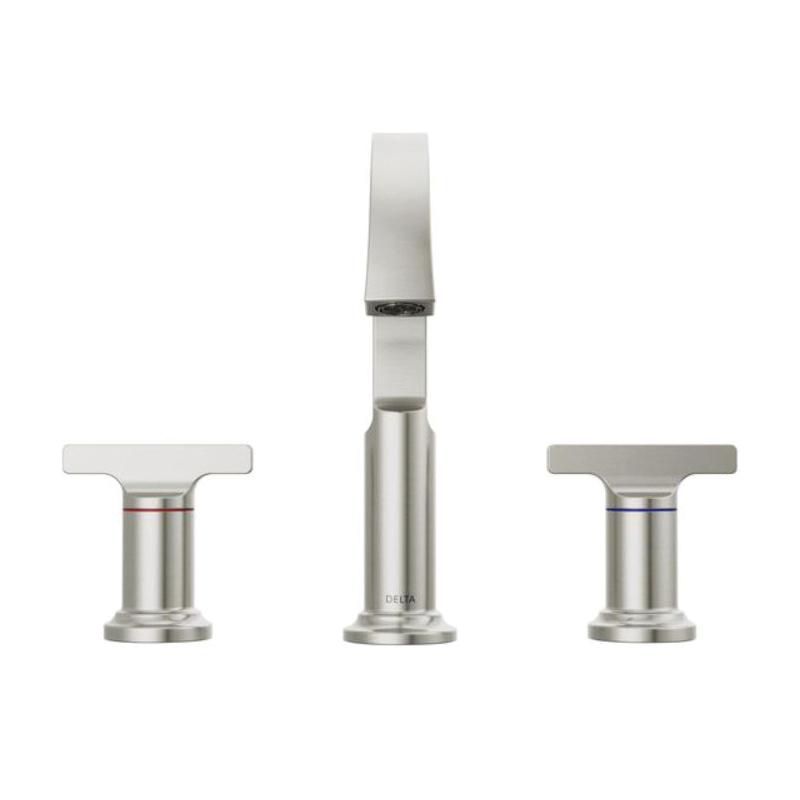DELTA® Tetra® 355887-SS-PR-DST Bathroom Faucet, 2-Handle, Deck, Widespread, Pop-Up, Lumicoat® Stainless