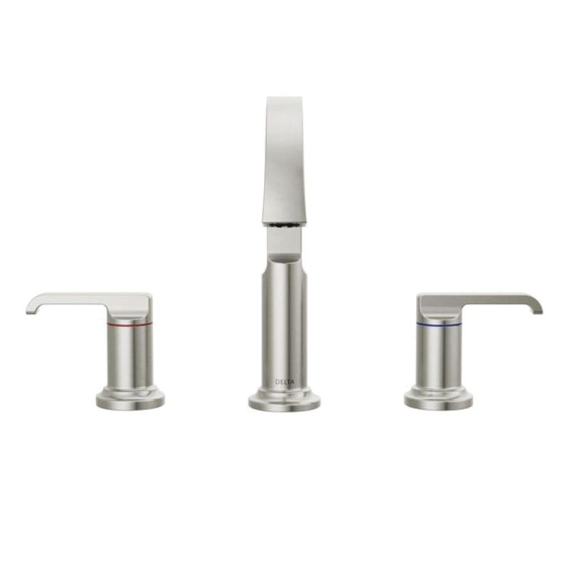DELTA® Tetra® 35588-SS-PR-DST Bathroom Faucet, 2-Handle, Deck, Widespread, Pop-Up, Lumicoat® Stainless