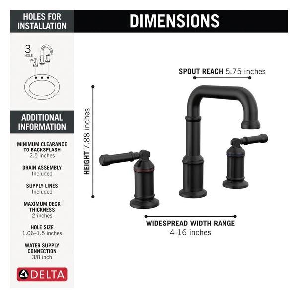 DELTA® Broderick® 3584-BL-DST Bathroom Faucet With Diamond Seal® Technology, 2-Handle, Deck, Widespread, Push Pop-Up