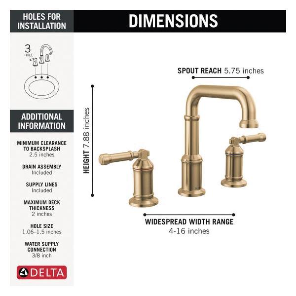 DELTA® Broderick® 3584-CZ-PR-DST Bathroom Faucet With Diamond Seal® Technology, 2-Handle, Deck, Widespread, Push Pop-Up