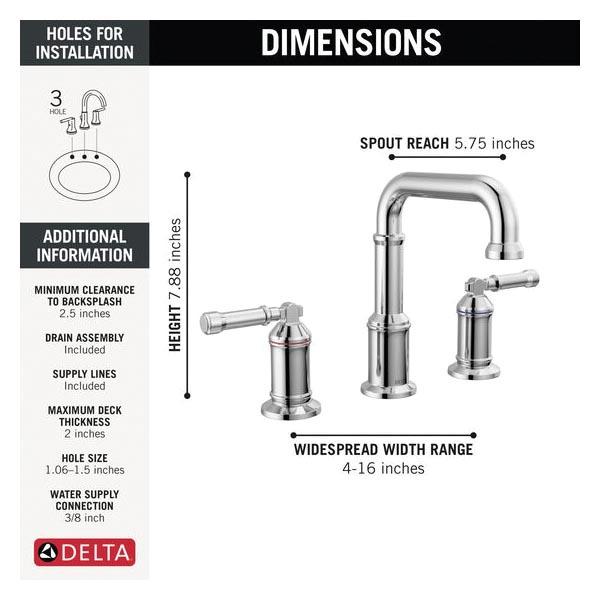 DELTA® Broderick® 3584-PR-DST Bathroom Faucet With Diamond Seal® Technology, 2-Handle, Deck, Widespread, Push Pop-Up
