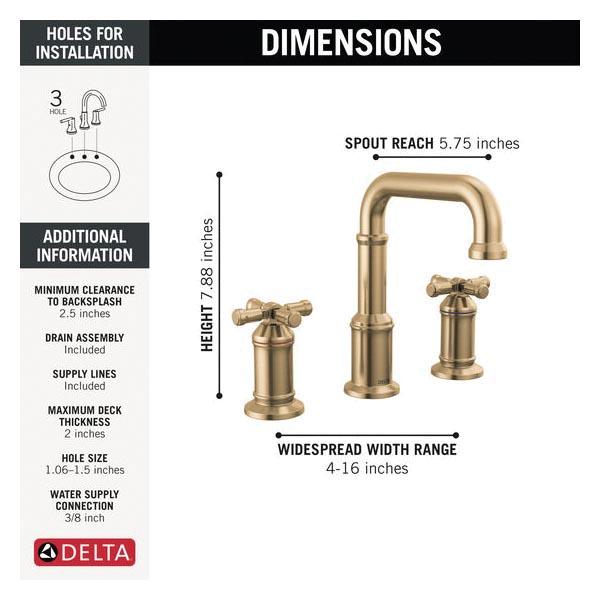 DELTA® Broderick® 3587-CZ-PR-DST Bathroom Faucet With Diamond Seal® Technology, 2-Handle, Deck, Widespread, Push Pop-Up