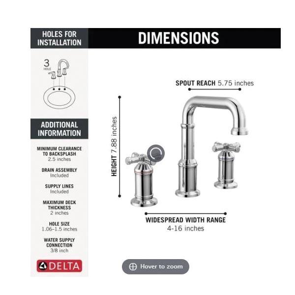 DELTA® Broderick® 3587-PR-DST Bathroom Faucet With Diamond Seal® Technology, 2-Handle, Deck, Widespread, Push Pop-Up