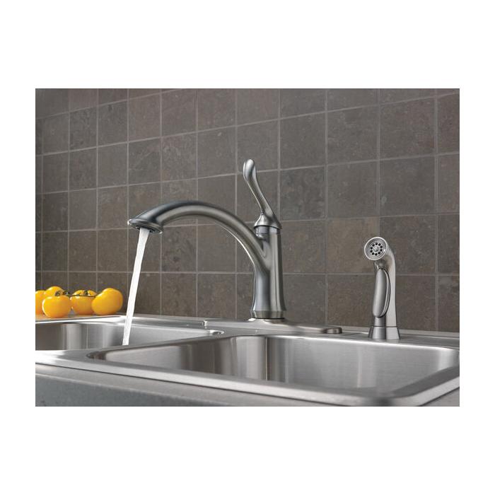 DELTA® Linden™ 4453-AR-DST Kitchen Faucet, Deck, Single Handle, Arctic Stainless thumbnail 4