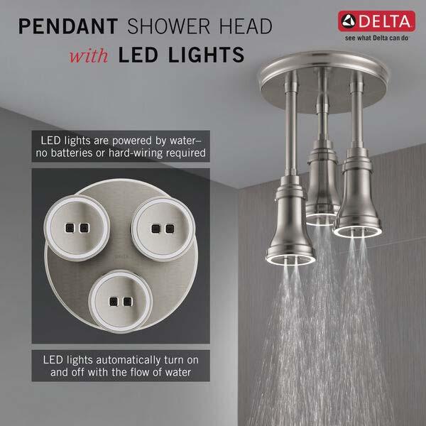DELTA® Universal Showering 57190-SS25-L Pendant Raincan Showerhead, 2.5 gpm, 1 -Spray, Ceiling Mounting, 3-1/2 in Head
