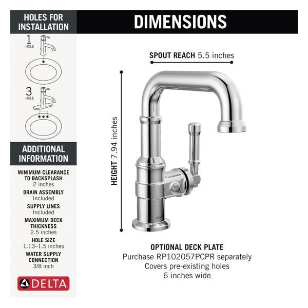 DELTA® Broderick® 584SH-PR-DST Bathroom Faucet With Diamond Seal® Technology, 1-Handle, Deck, Single-Hole, Push Pop-Up
