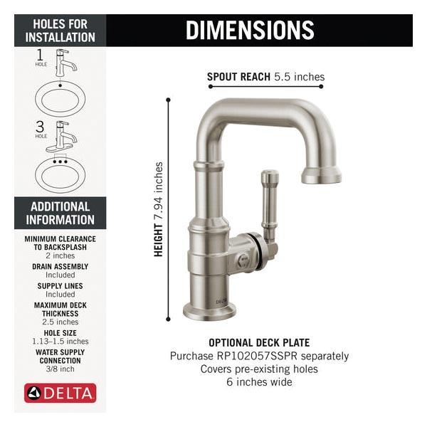DELTA® Broderick® 584SH-SS-PR-DST Bathroom Faucet With Diamond Seal® Technology, 1-Handle, Deck, Single-Hole