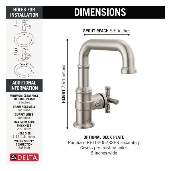 DELTA® Broderick® 587SH-SS-PR-DST Bathroom Faucet With Diamond Seal® Technology, 1-Handle, Deck, Single-Hole
