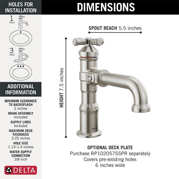 DELTA® Broderick® 587-SS-PR-DST Bathroom Faucet With Diamond Seal® Technology, 1-Handle, Deck, Single-Hole, Push Pop-Up