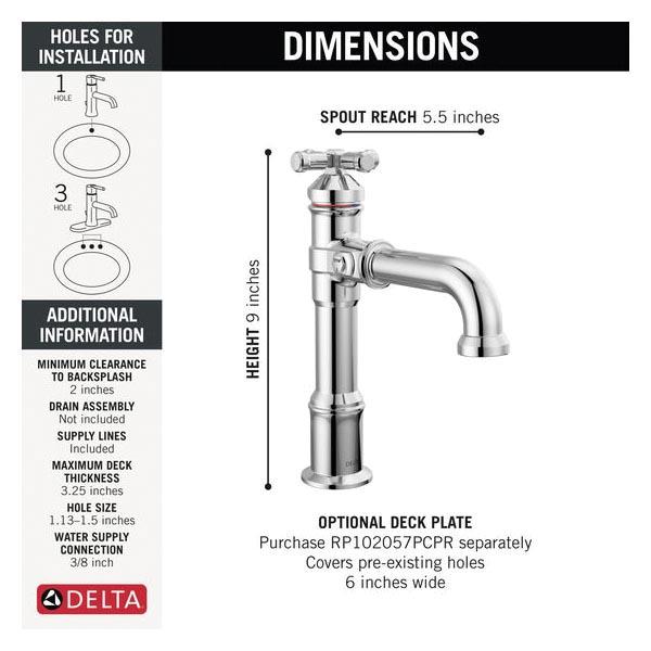DELTA® Broderick® 687-PR-DST Bathroom Faucet With Diamond Seal® Technology, 1-Handle, Deck, Single-Hole, Lumicoat Chrome