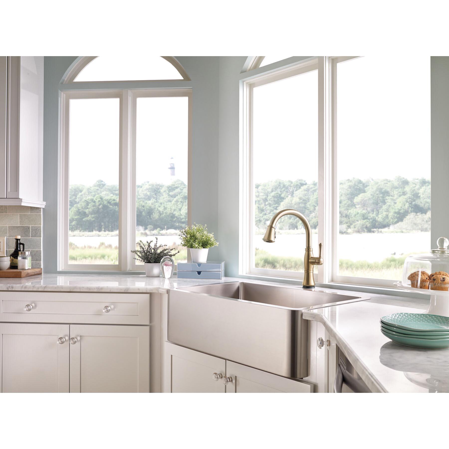 DELTA® Cassidy® 9197T-CZ-DST Kitchen Faucet With Touch2O® and ShieldSpray® Technology, Deck, Champagne Bronze