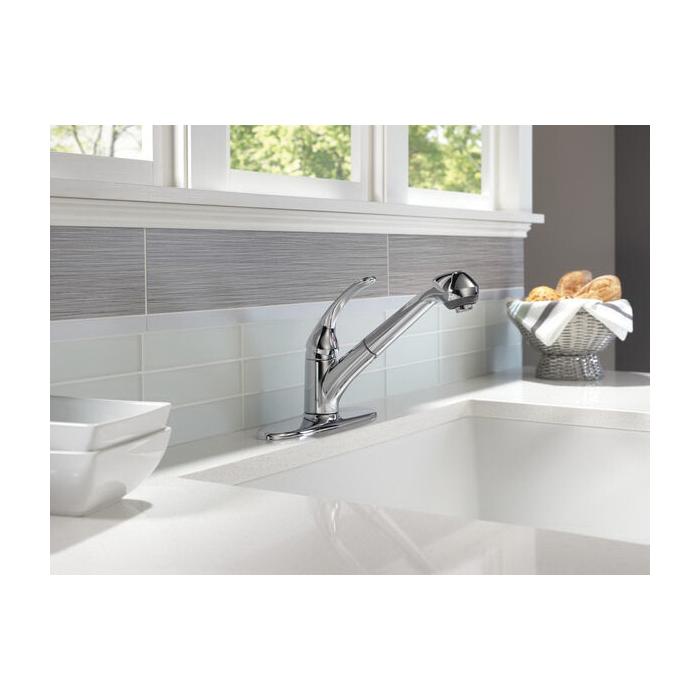 DELTA® Foundations® B4310LF Kitchen Faucet, Deck, Pull-Out, Chrome