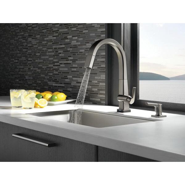 DELTA® Pivotal® RP91950KS Soap/Lotion Dispenser, 13 oz Capacity, Deck Mounting, Metal, Black Stainless Steel