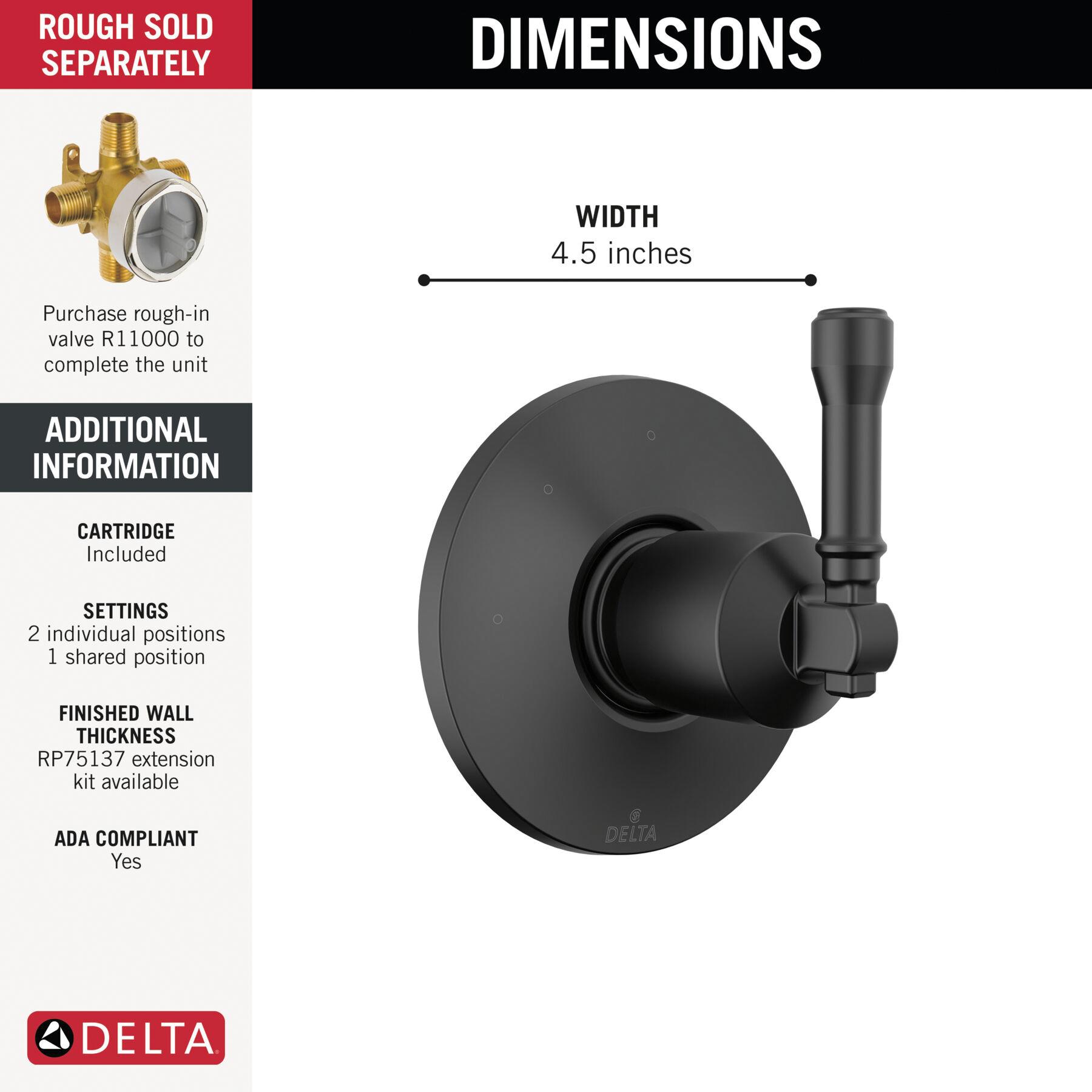 DELTA® Broderick® T11884-BL Diverter Trim, Lever Handle, 1-Handle -Handle, Zinc, Matte Black