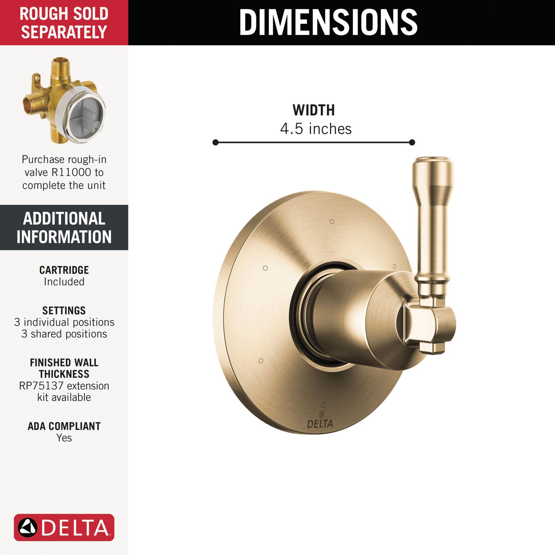 DELTA® Broderick® T11984-CZ-PR Diverter Trim, Lever Handle, 1-Handle -Handle, Zinc, Lumicoat Champagne Bronze
