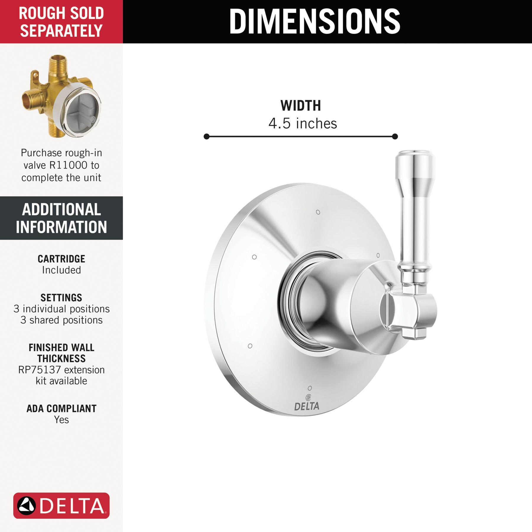 DELTA® Broderick® T11984-PR Diverter Trim, Lever Handle, 1-Handle -Handle, Zinc, Lumicoat Chrome
