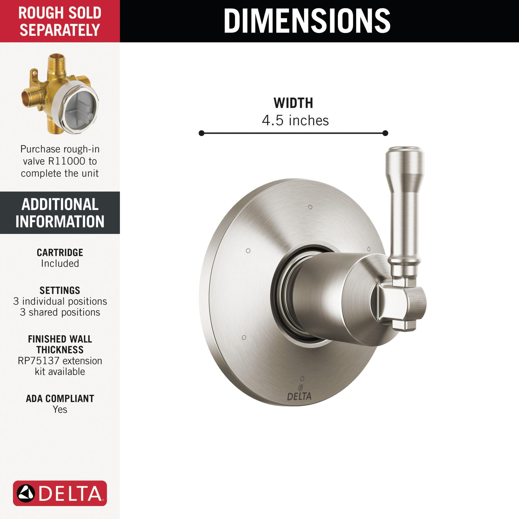 DELTA® Broderick® T11984-SS-PR Diverter Trim, Lever Handle, 1-Handle -Handle, Zinc, Lumicoat Stainless
