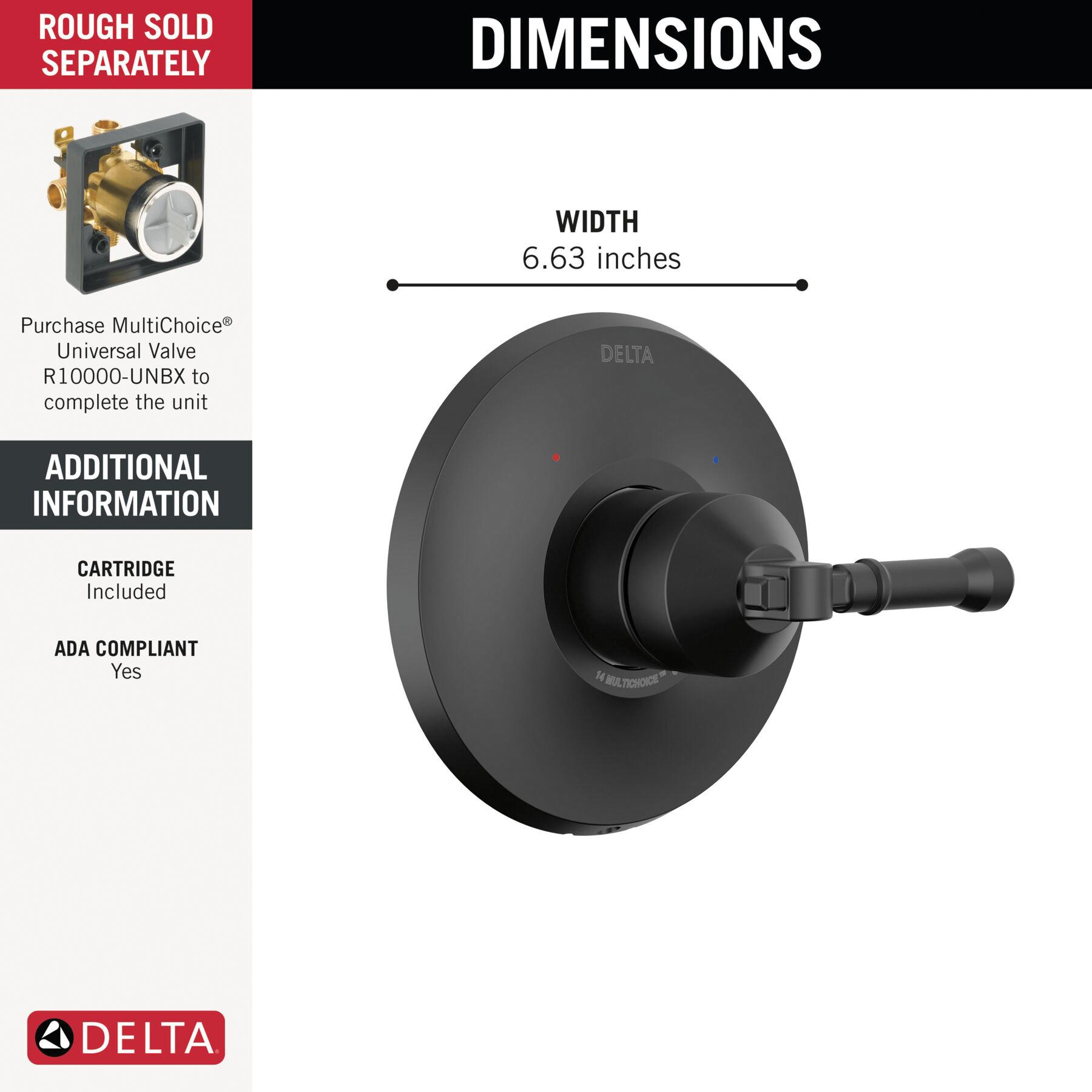 DELTA® Broderick® T14084-BL Valve Only Trim, Lever Handle, 1-Handle -Handle, Zinc, Matte Black