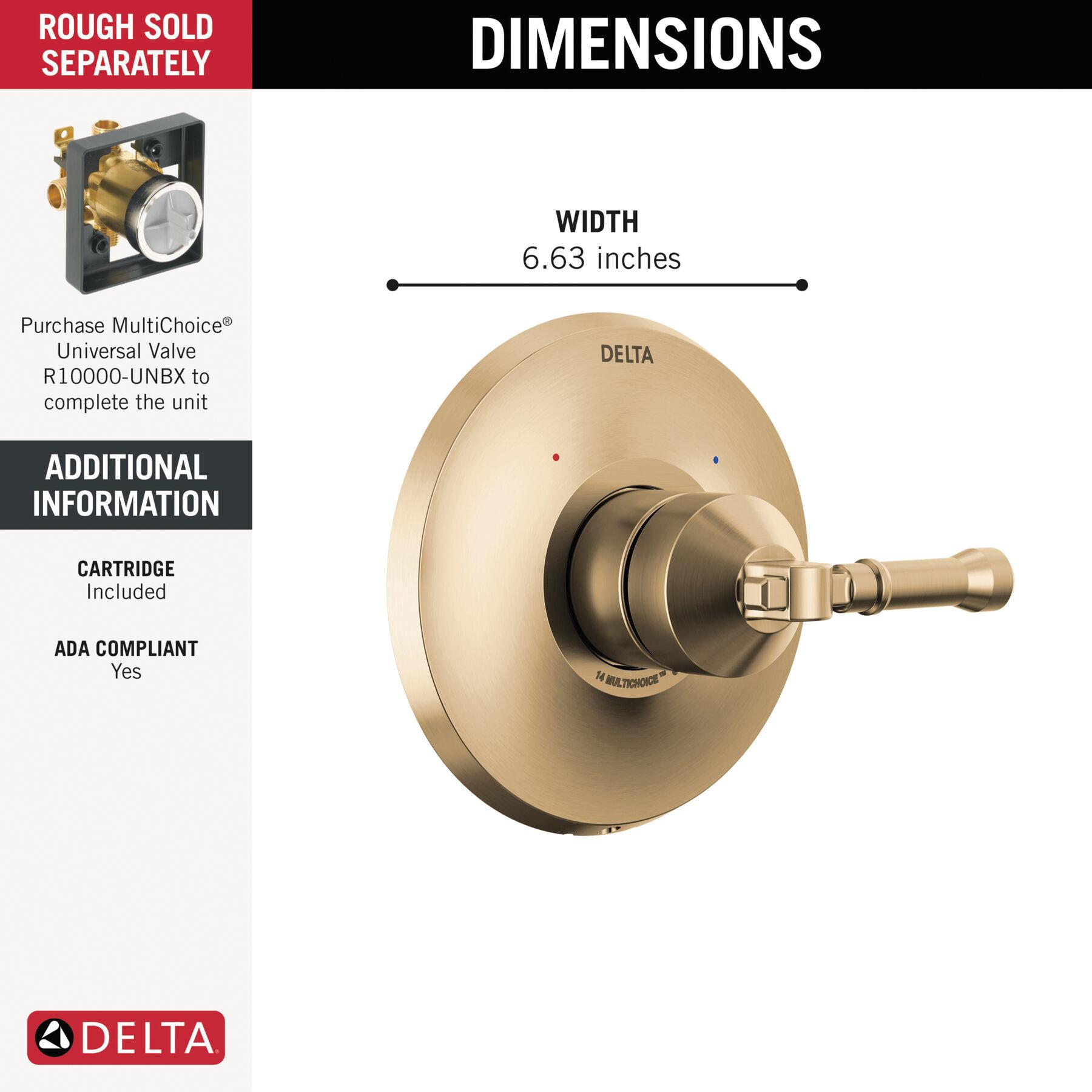 DELTA® Broderick® T14084-CZ-PR Valve Only Trim, Lever Handle, 1-Handle -Handle, Zinc, Lumicoat Champagne Bronze