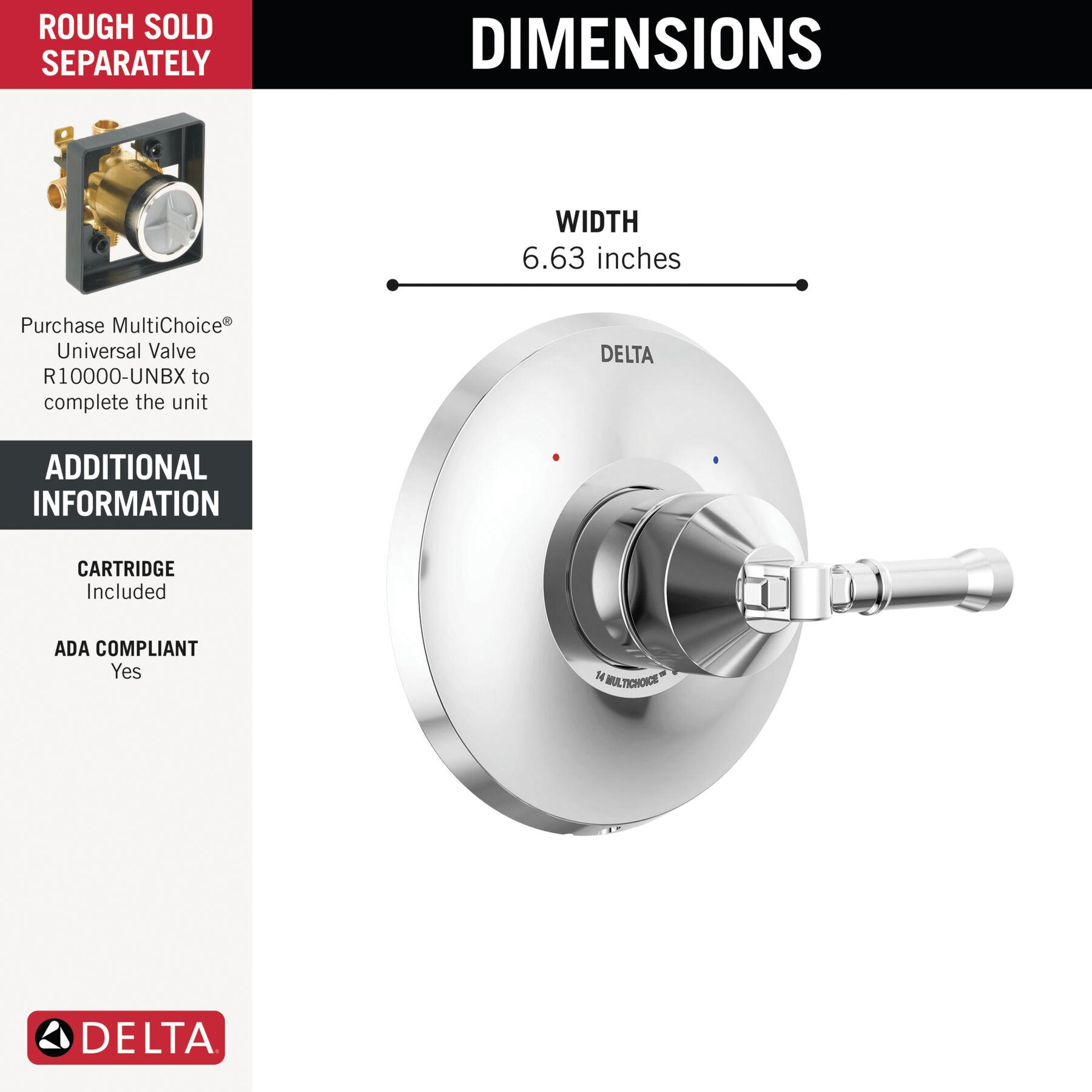 DELTA® Broderick® T14084-PR Valve Only Trim, Lever Handle, 1-Handle -Handle, Zinc, Lumicoat Chrome