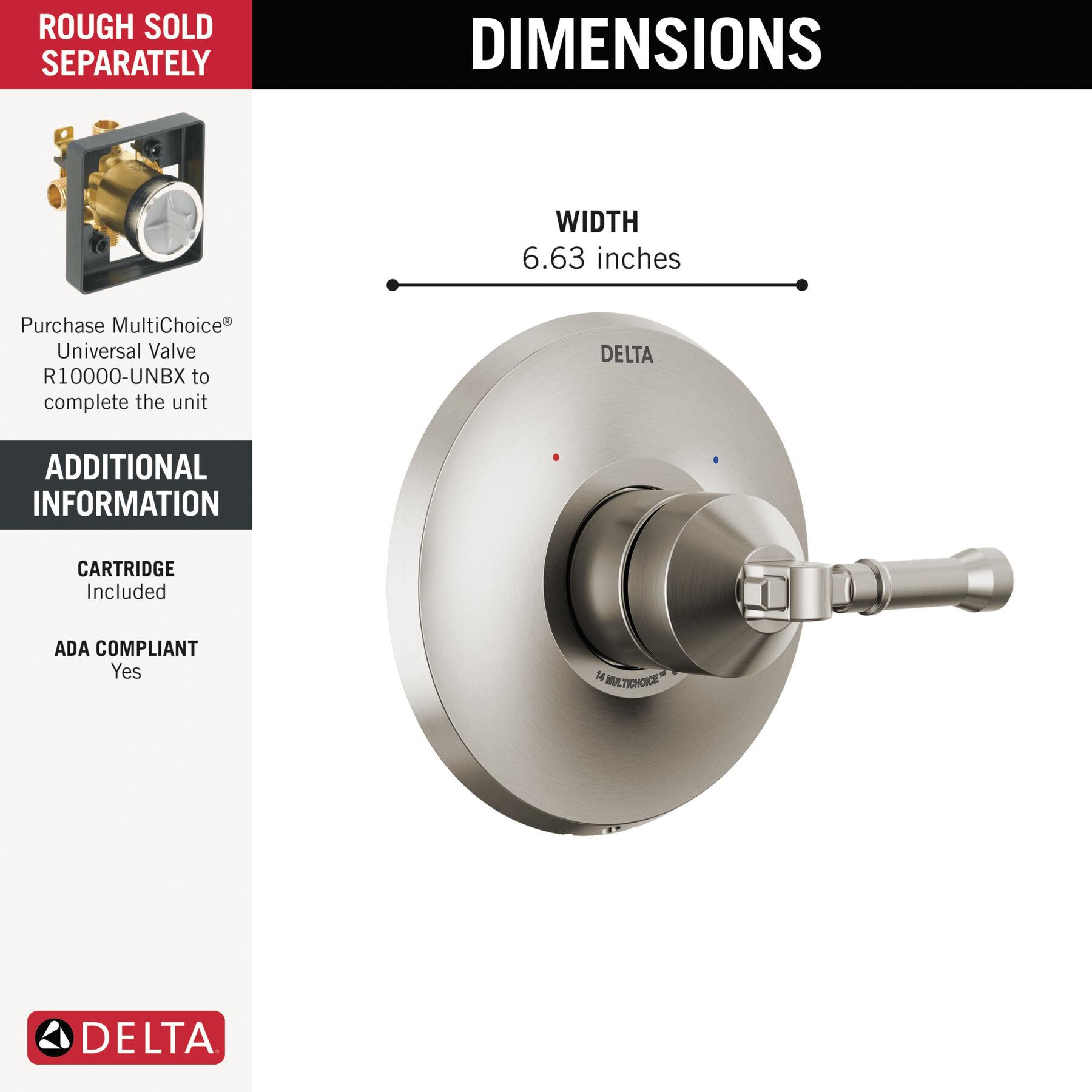 DELTA® Broderick® T14084-SS-PR Valve Only Trim, Lever Handle, 1-Handle -Handle, Zinc, Lumicoat Stainless