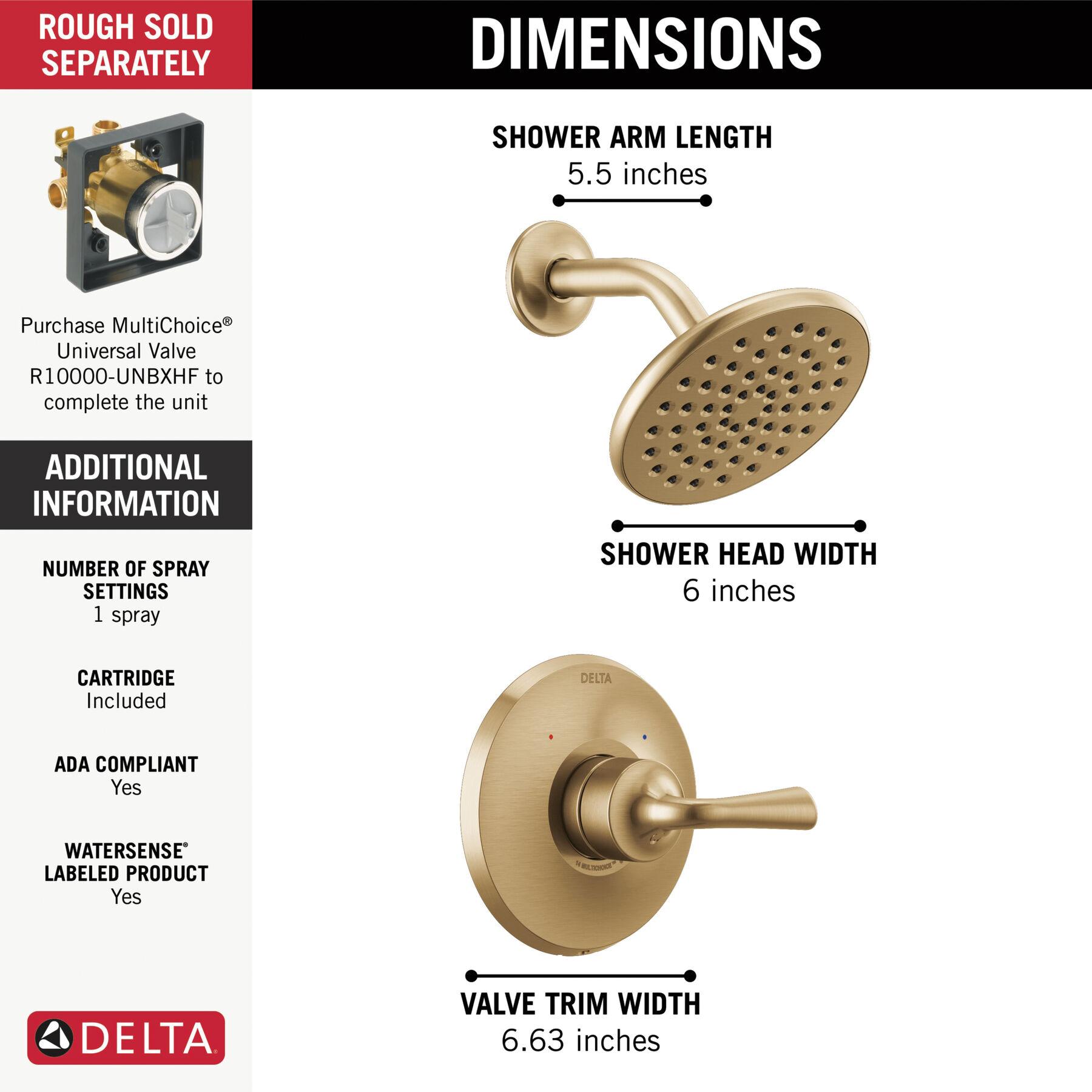 DELTA® Kayra® T14233-CZ Shower Trim, Plastic/Zinc, Champagne Bronze, 1-Handle -Handle, 1.75 gpm