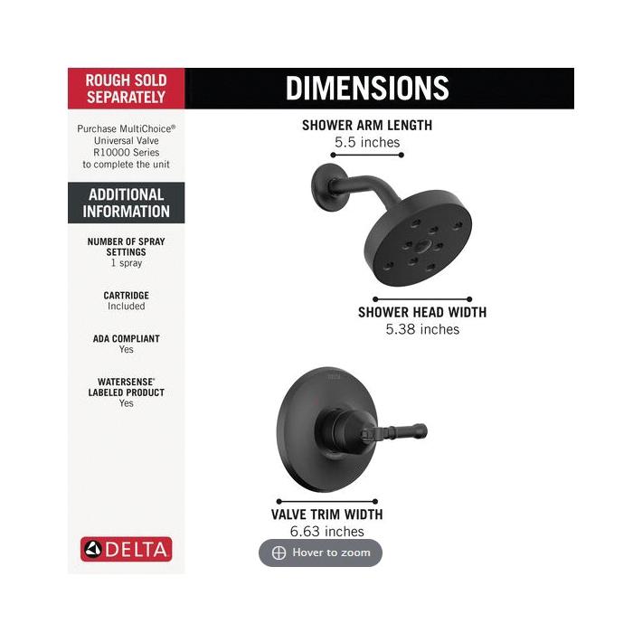 DELTA® Broderick® T14284-BL Shower Trim, Zinc, Matte Black, 1-Handle -Handle, 1.75 gpm