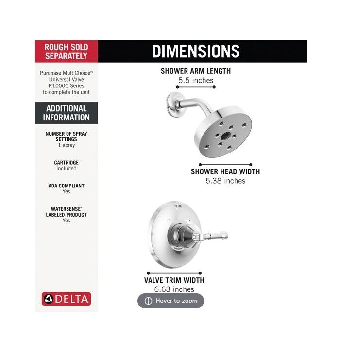 DELTA® 17 Series Broderick® T14284-PR Shower Trim, Zinc, Lumicoat Chrome, 1-Handle -Handle, 1.75 gpm