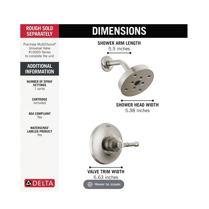 DELTA® 17 Series Broderick® T14284-SS-PR Shower Trim, Zinc, Lumicoat Stainless, 1-Handle -Handle, 1.75 gpm