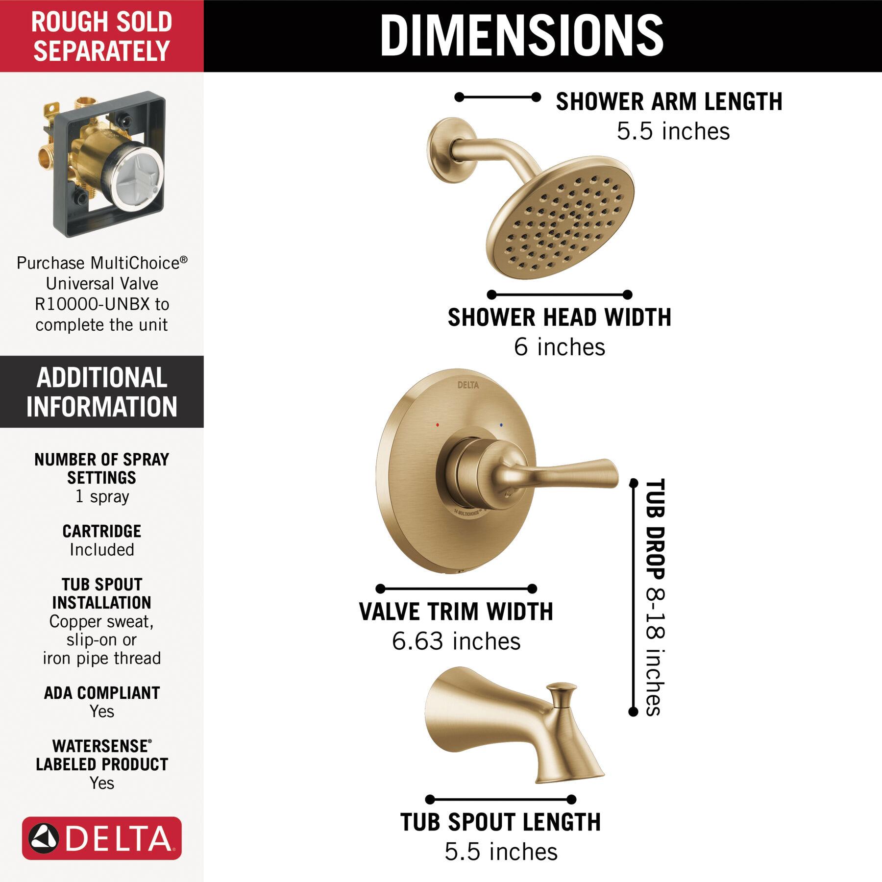 DELTA® Kayra® T14433-CZ Tub and Shower Trim, Plastic/Zinc, Champagne Bronze, 1-Handle -Handle, 1.75 gpm
