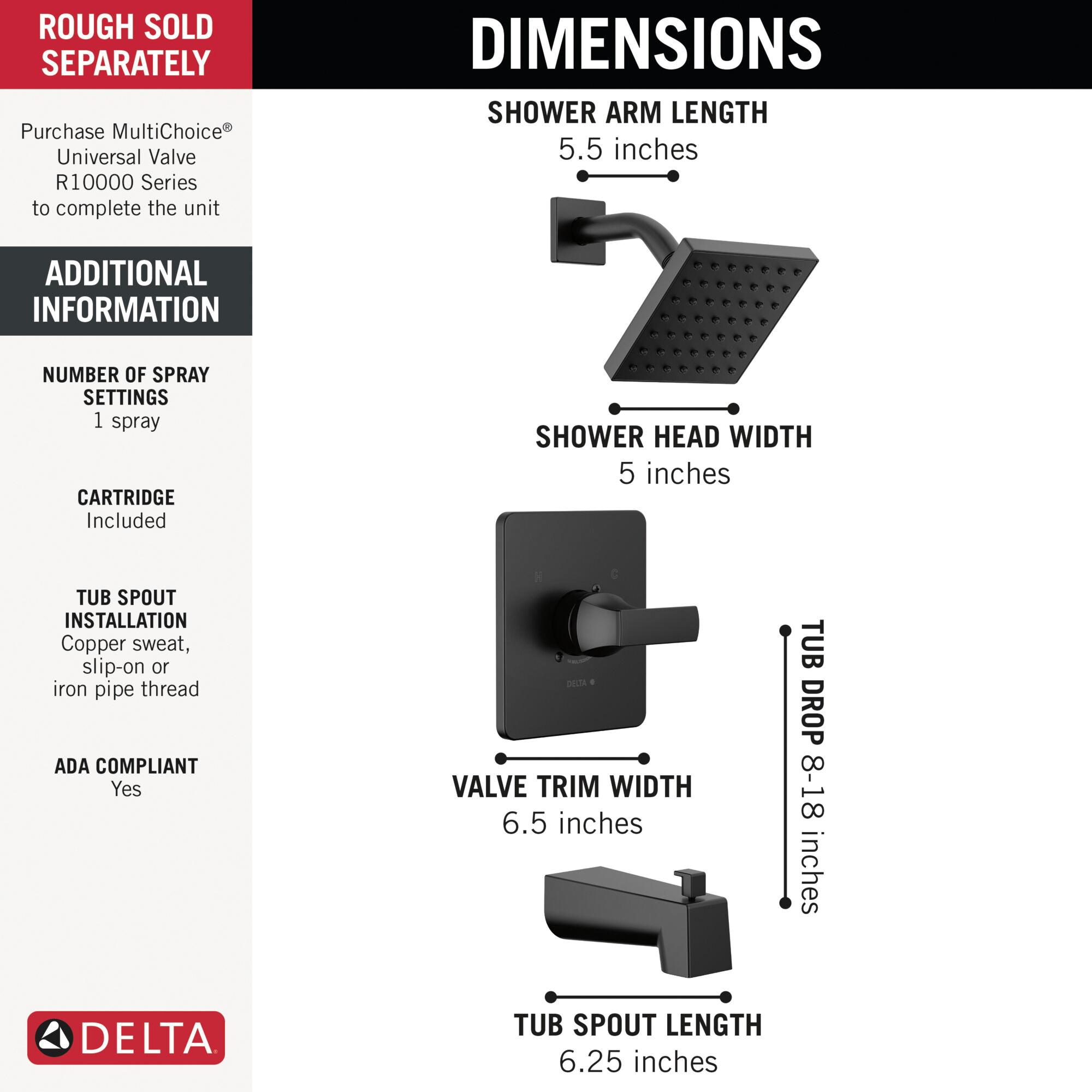 DELTA® Velum™ T14437-BL Tub and Shower, Brass, Matte Black, 1-Handle, 1.75 gpm thumbnail 4