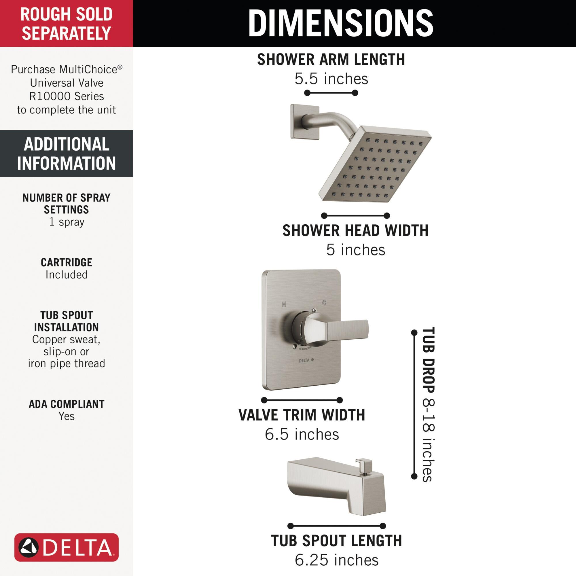 DELTA® Velum™ T14437-SS Tub and Shower, Brass, Stainless, 1-Handle, 1.75 gpm thumbnail 2