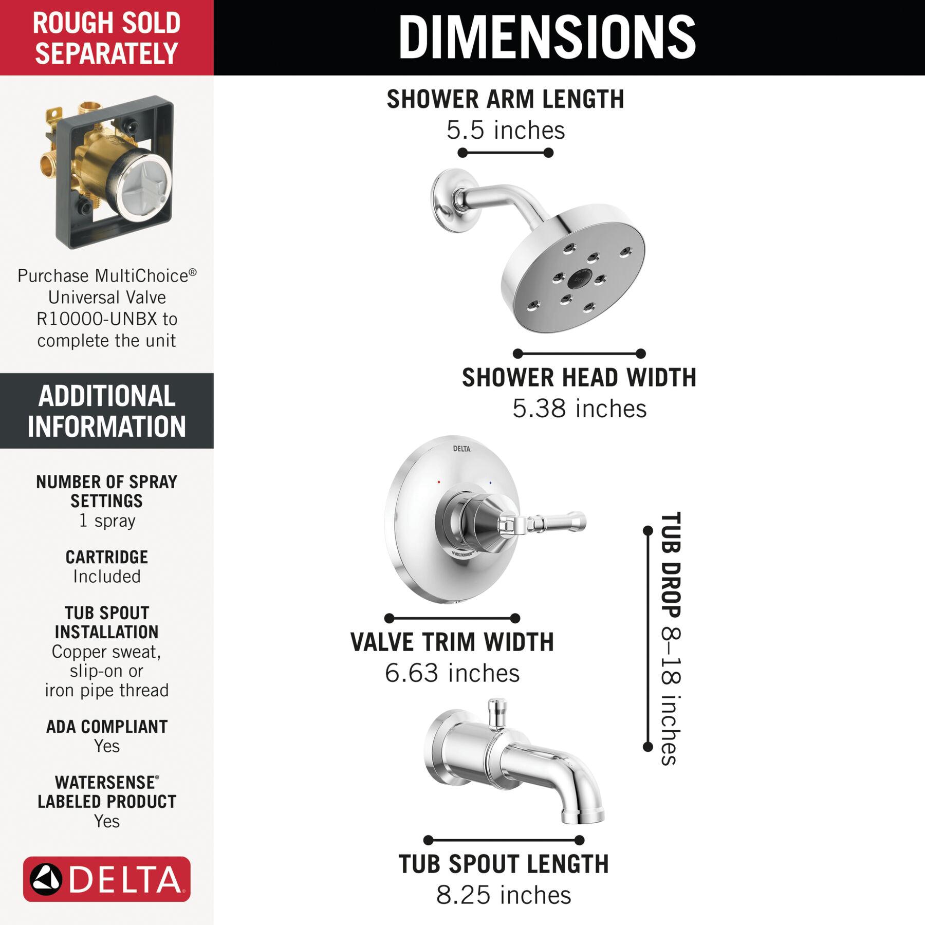 DELTA® Broderick® T14484-PR Tub and Shower Trim, ABS/Plastic/Zinc, Lumicoat Chrome, 1-Handle -Handle, 1.75 gpm