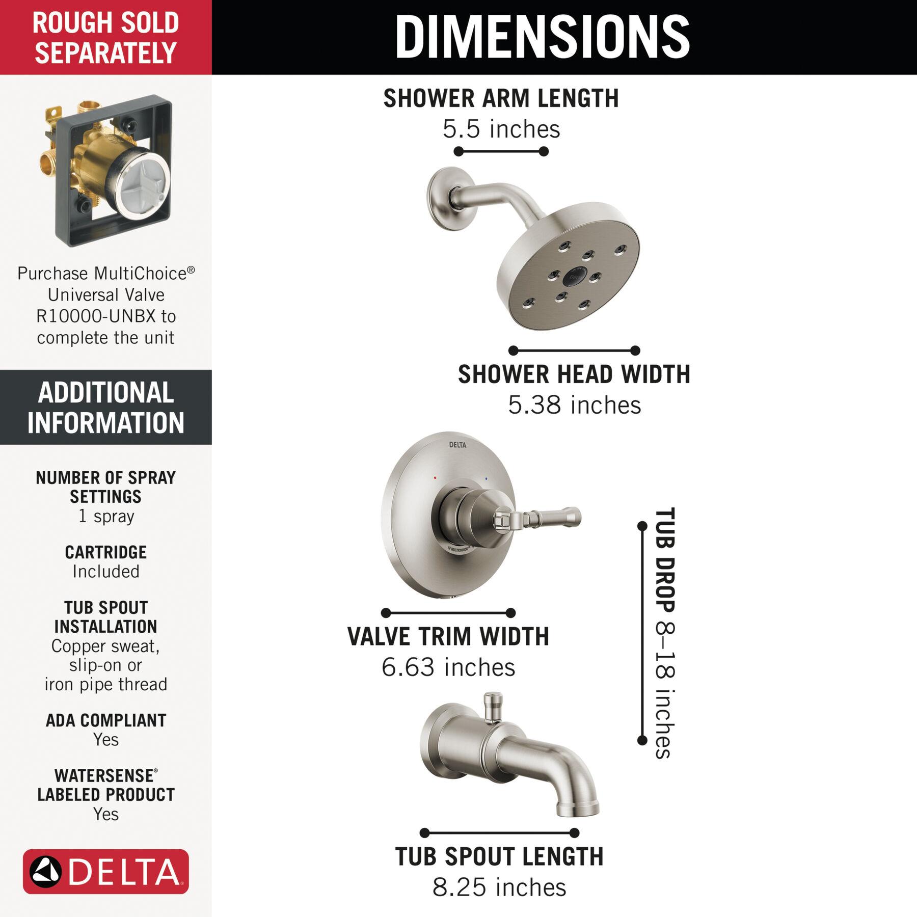 DELTA® Broderick® T14484-SS-PR Tub and Shower Trim, ABS/Plastic/Zinc, Lumicoat Stainless, 1-Handle -Handle, 1.75 gpm thumbnail 3