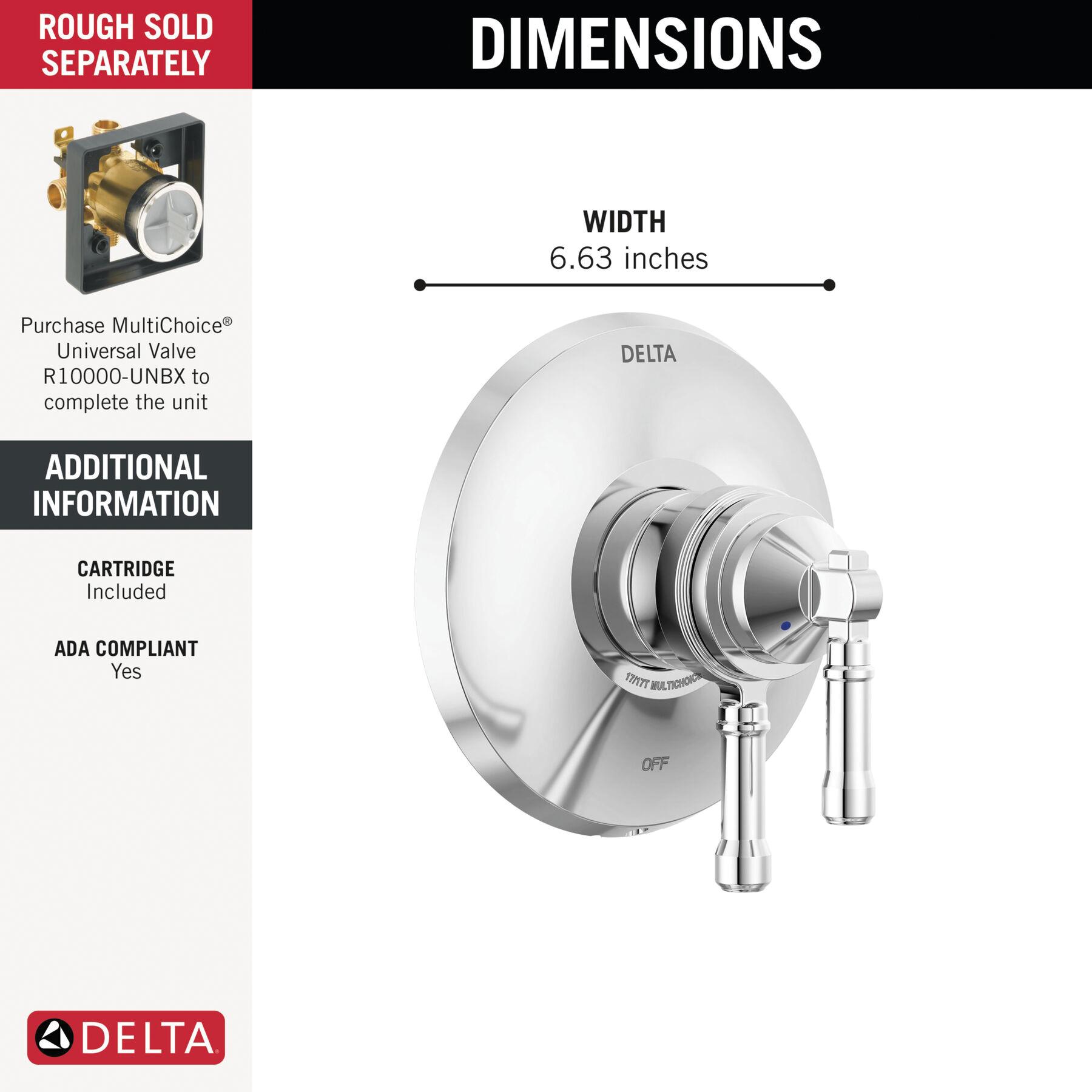 DELTA® Broderick® T17084-PR Valve Trim Only, Lever Handle, 2-Handle -Handle, Zinc, Lumicoat Chrome