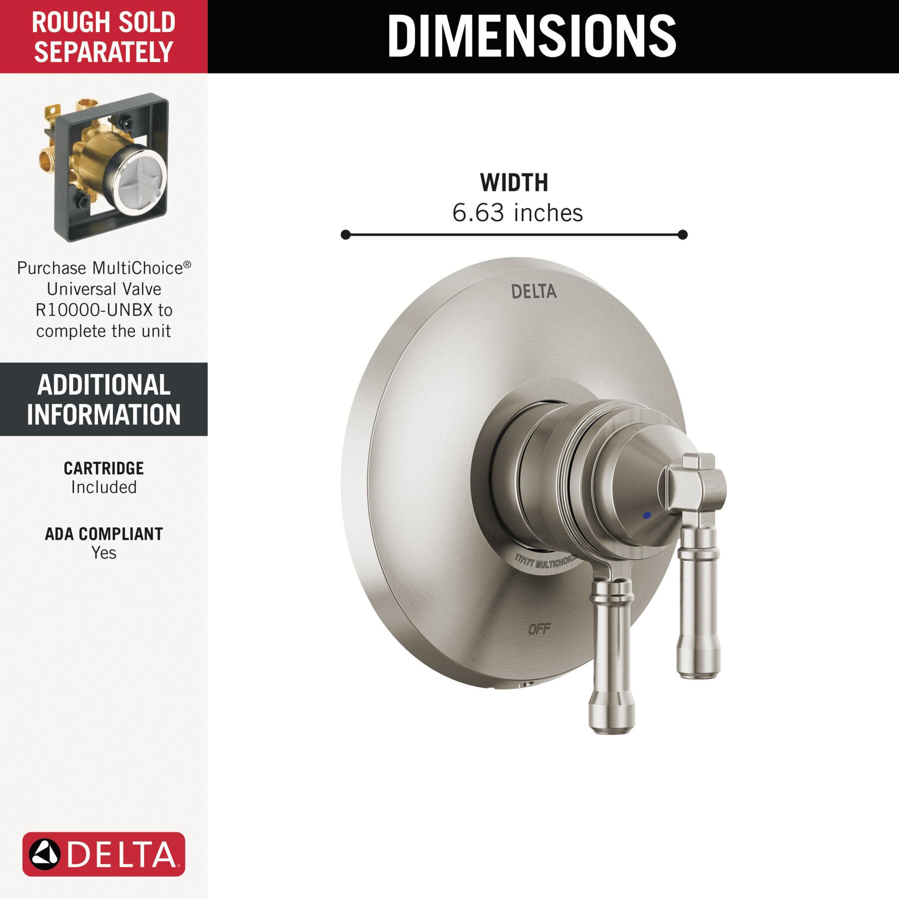 DELTA® Broderick® T17084-SS-PR Valve Trim Only, Lever Handle, 2-Handle -Handle, Zinc, Lumicoat Stainless