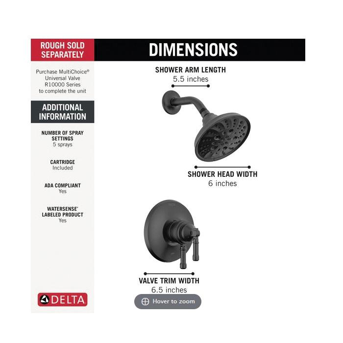 DELTA® Broderick® T17284-BL Shower Trim, Zinc, Matte Black, 1-Handle -Handle, 1.75 gpm