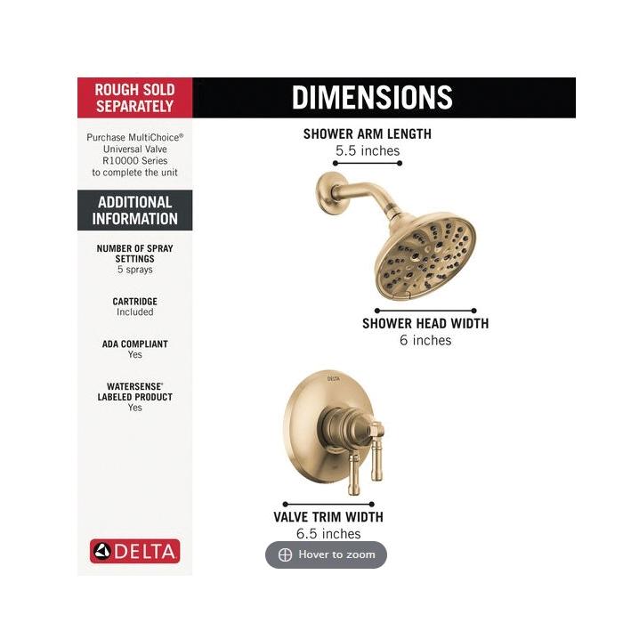 DELTA® Broderick® T17284-CZ-PR Shower Trim, Zinc, Lumicoat Champagne Bronze, 1-Handle -Handle, 1.75 gpm