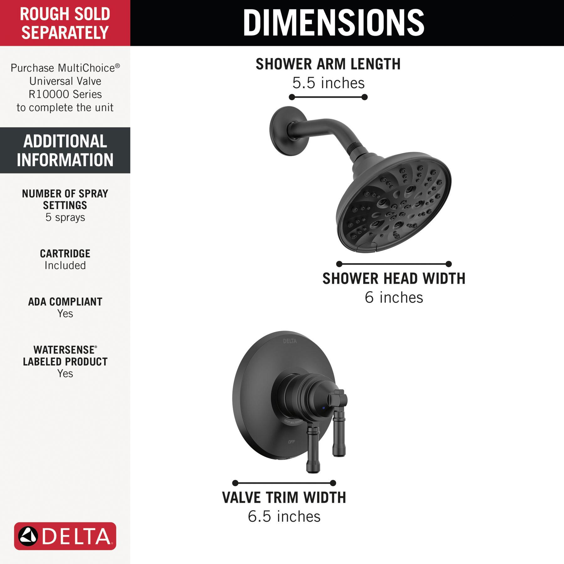 DELTA® Broderick® T17284-SS-PR Shower Trim, ABS/Zinc, Matte Black, 1-Handle -Handle, 1.75 gpm