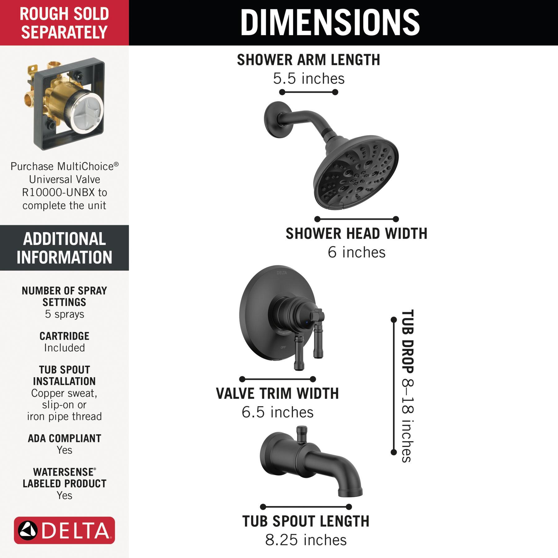 DELTA® Broderick® T17484-BL Tub and Shower Trim, ABS/Plastic/Zinc, Matte Black, 1-Handle -Handle, 1.75 gpm