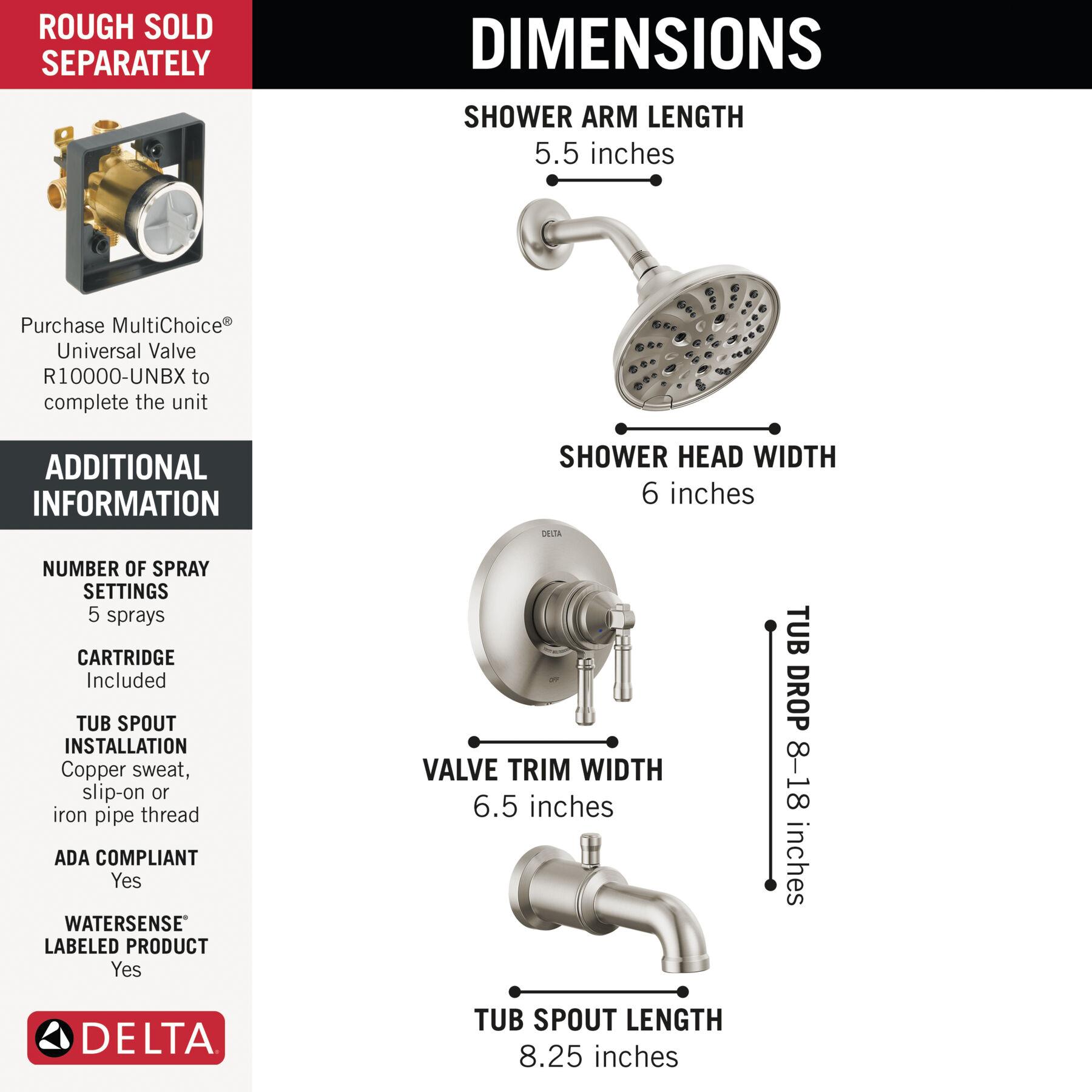 DELTA® Broderick® T17484-SS-PR Tub and Shower Trim, ABS/Plastic/Zinc, Lumicoat Stainless, 1-Handle -Handle, 1.75 gpm